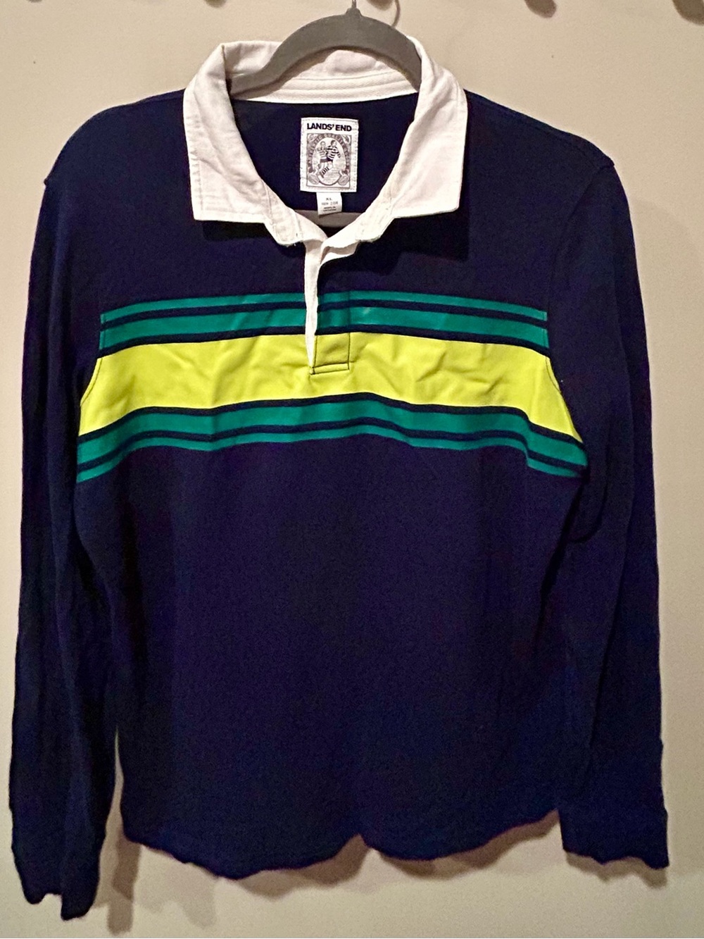 Lands End Boys Rugby Shirt, Blue/Green/White/Yellow Stripes, XL (18/20 Husky)